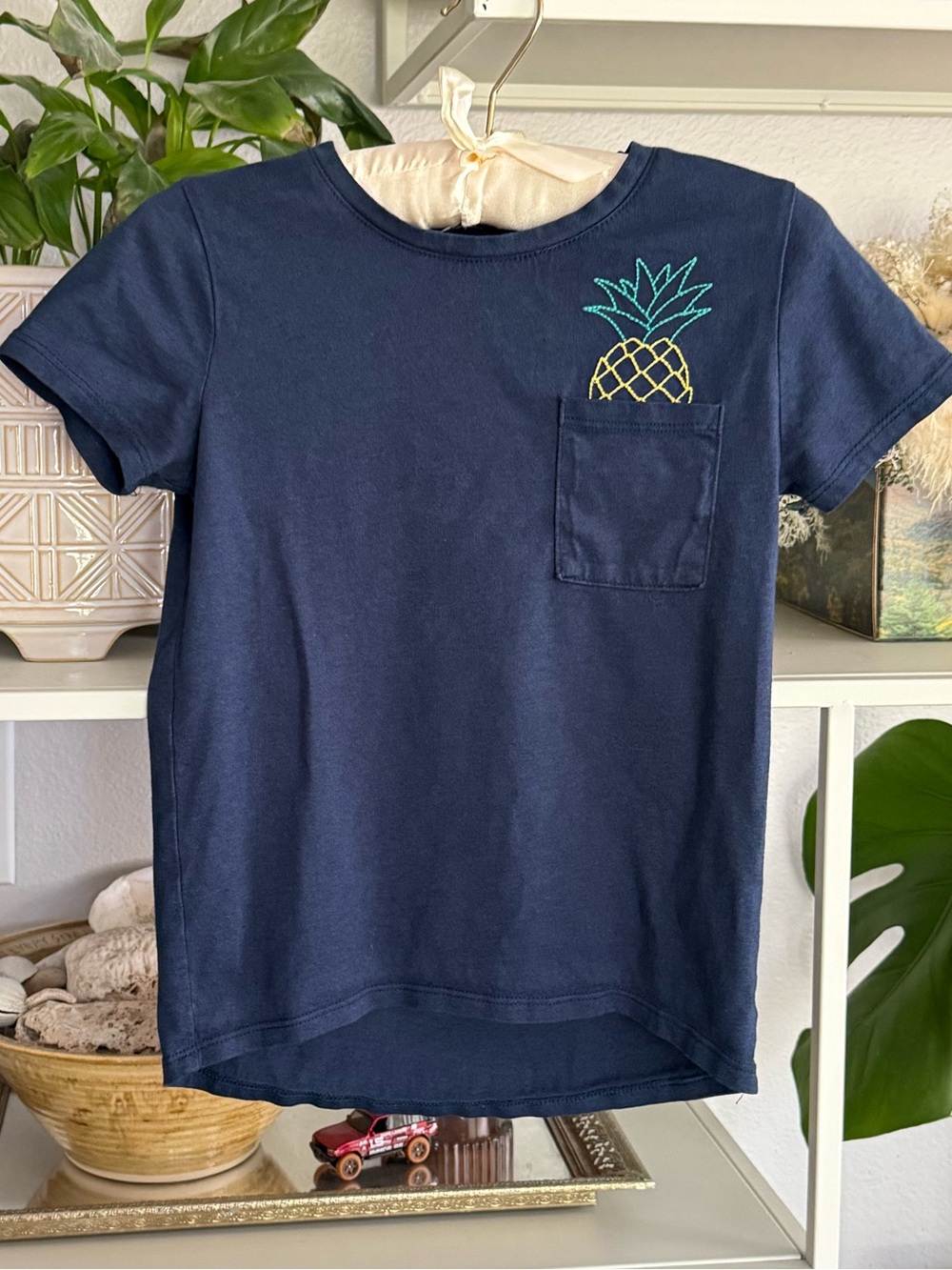 Navy Short-Sleeve Kids Tee with Pineapple Pocket Embroidery